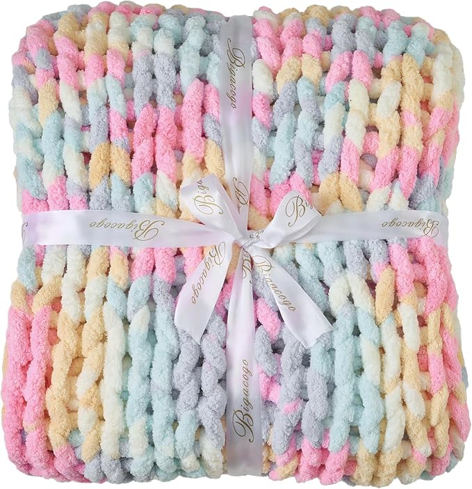Bigacogo Chunky Knit Throw Blanket for Couch, 40x60 inches, PastelDreamMix | Hand Knit with Jumbo Chenille, Soft Breathable Cable Knit for Sofa Bed Living Room, Machine Washable, Gift for Mom Friend