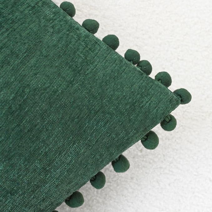 CaliTime Decorative Couch Throw Pillow Covers 20 X 12 Inches Dark Green | Pack of 2, Cozy Chenille Cushion Cases, with Pom Poms for Sofa Bed Living Room Farmhouse Home