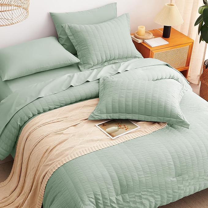 CozyLux Queen Comforter Set Sage Green Seersucker 7 Pieces Bed in a Bag Queen Comforter Set with Sheets, Luxury Soft Bedding Set with Down Alternative Comforter, Sheets, Pillowcases & Shams All Season