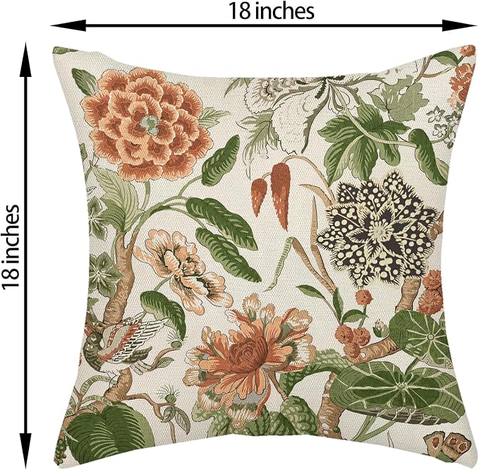 Orange Sage Green Pillow Covers 18x18 Inch Set of 2 Vintage Orange Floral Throw Pillows Chinoiserie Flower Decorative Pillow Case Outdoor Linen Farmhouse Cushion Cover for Couch Sofa Decorations