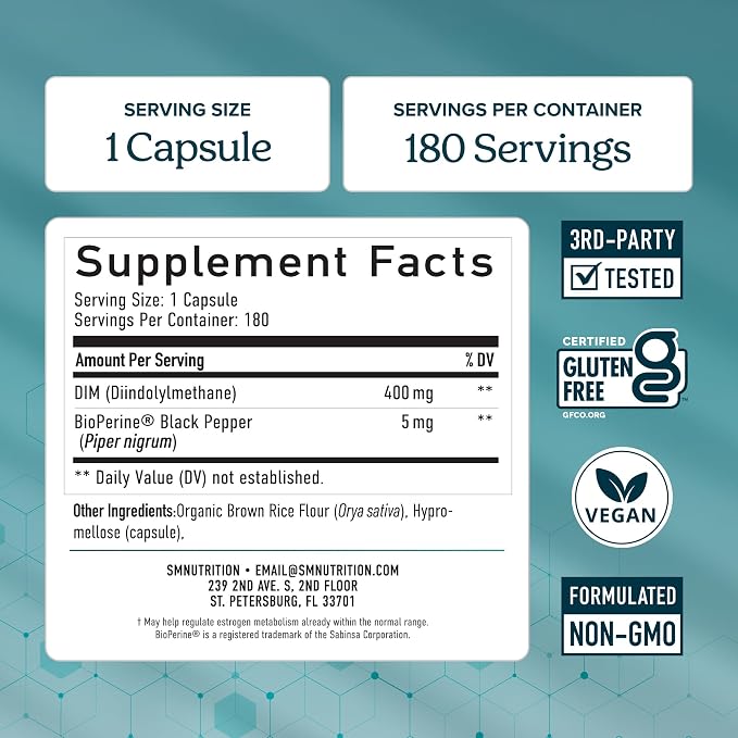 DIM Supplement 400MG Extra Strength | 6 Month Supply | Hormone Balance for Men and Women | Menopause, Acne, Hot Flashes Relief, Prostate & Antioxidant Support | Soy-Free, Gluten-Free | 180 Ct.
