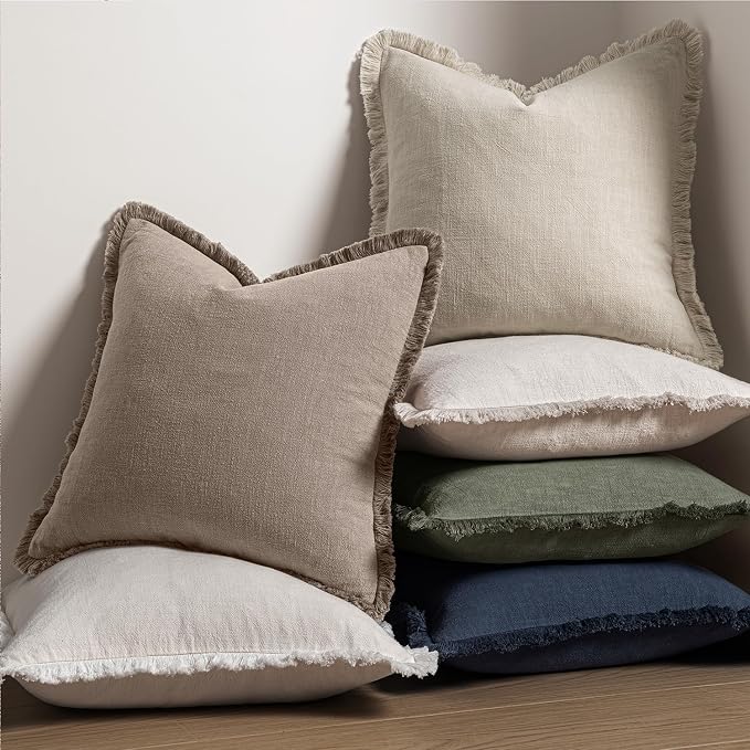 MIULEE Linen Fringe Decorative Fall Euro Throw Pillow Covers Dune 24x24 | Set of 2, Cottagecore Decor, Boho Farmhouse Neutral Pillow Covers, Rustic Fall Couch Cushion Cases for Sofa Bed Living Room