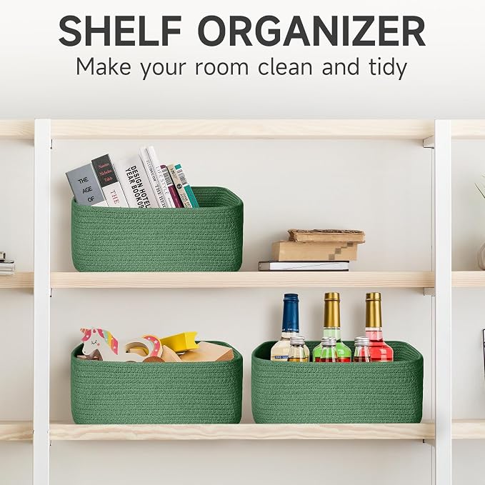 3 Pack Small Storage Baskets for Organizing, 11.8×7.8×5.1", Green | Woven Baskets for shelves, Cotton Rope Basket for Gifts Empty, Closet Organizer Bins with Handles, Cube Decorative Box