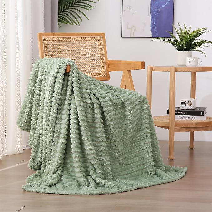 Sage Green Fleece Throw Blanket 50”×70” for Couch Sofa Livingroom | Super Soft Cozy Plush Microfiber Flannel Bed Blanket Striped Design Lightweight Home Decor Gifts for Adults Mom Women