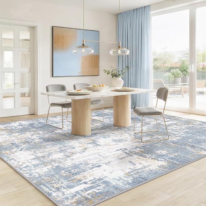 RELEANY Washable 8'x10' Abstract Area Rug for Living Room Light Blue | carpet for bedroom, kitchen, office, hallway and entryway, printed pattern, non-slip, soft, stain-resistant, easy to clean