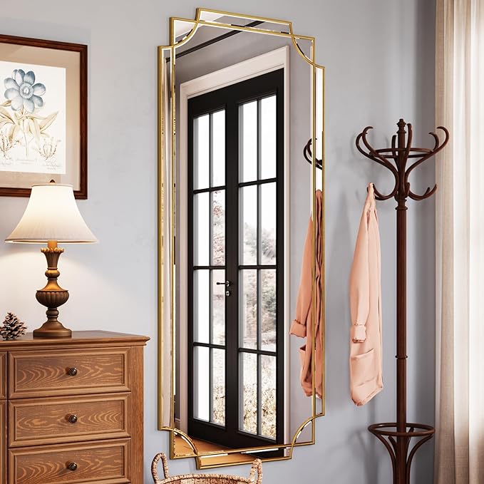 Kelly Miller 30"x70" Gold Foil Scalloped Edge Decorative Full Length Mirror | Hand-Applied Gold Foil Finish. HD Mirror With French Cleat. Elegant Beveled Wall Mirror Decor For Bathroom Bedroom Entryway.