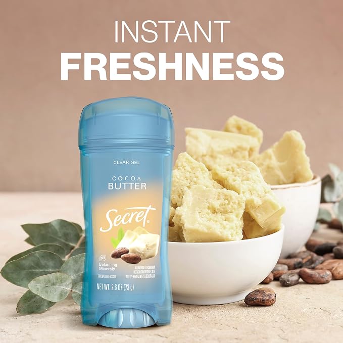 Secret Fresh Antiperspirant Deodorant for Women,72hr Breathable Sweat & Odor Protection,Instant Freshness & Gentle,PH Balancing Minerals,Invisible Solid,Cocoa Butter Scent,2.6 oz,(Pack of 2)