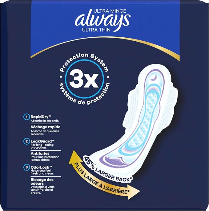 Always Ultra Thin Feminine Pads with Wings for Women, Size 4, Overnight Absorbency, Unscented, Up to 100% Leak-Free Comfort, 50 Count