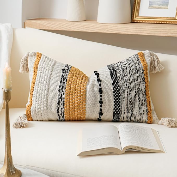 Decorative Lumbar Throw Pillow Cover 14x24 Boho Yellow Mustard Accent Cushion for Couch Sofa Farmhouse Pillowcase for Bedroom Living Room Home Décor Cover ONLY