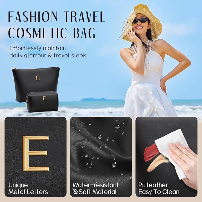 Women Gifts | Initial Makeup Bag for Girl Personalized Gifts for Bridesmaid Friend PU Leather Cosmetic Travel Toiletry Bag(Black,E)