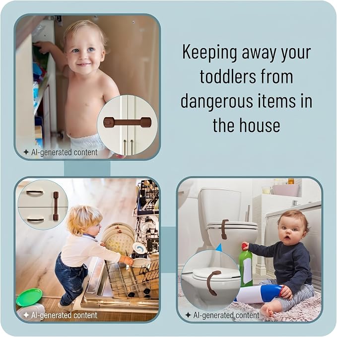Bates- Child Safety Strap Locks, 12 Pack, Brown, Child Locks for Cabinets and Drawers