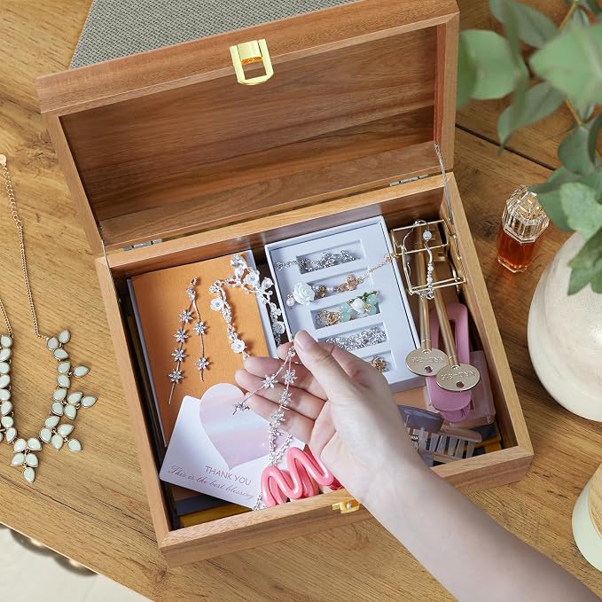 DRASTAR Wooden Keepsake Box, Large Acacia Storage Memory Box with a Hinged Lid for Crafts and Photo Storage