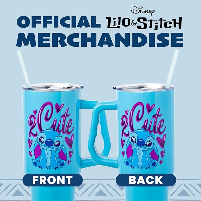 Silver Buffalo Disney Lilo and Stitch “2 Cute” Double Walled Stainless Steel Tumbler with Handle, Fits in Standard Cup Holder, 40 Ounces