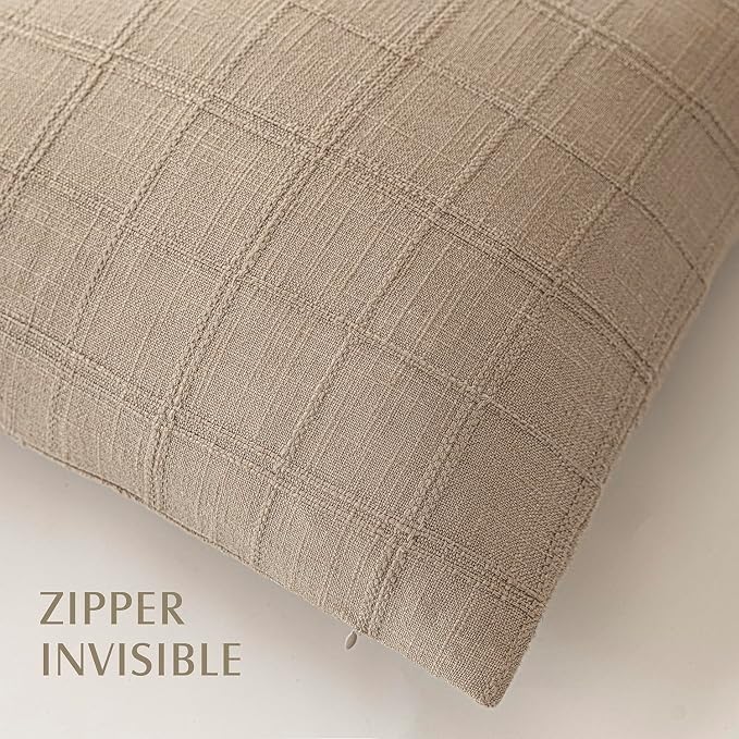 Foindtower Set of 2 Decorative Linen Check Throw Pillow Covers Neutral Farmhouse Vintage Cushion Covers Modern Coastal Boho Home Decor for Sofa Chair Couch Bedroom Living Room,22×22 Inch,Camel
