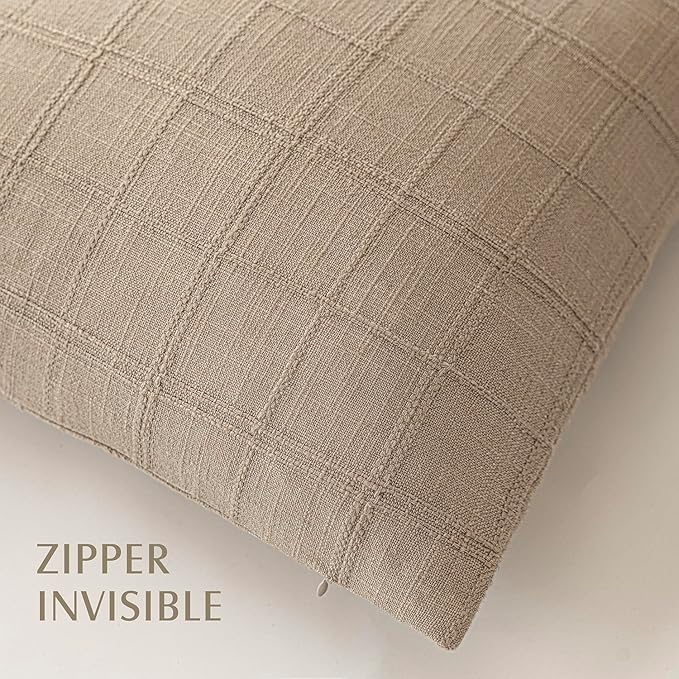 Foindtower Set of 2 Decorative Linen Check Throw Pillow Covers Neutral Farmhouse Vintage Cushion Covers Cozy Modern Coastal Boho Home Decor for Sofa Chair Couch Bedroom Living Room,14×36 Inch,Camel