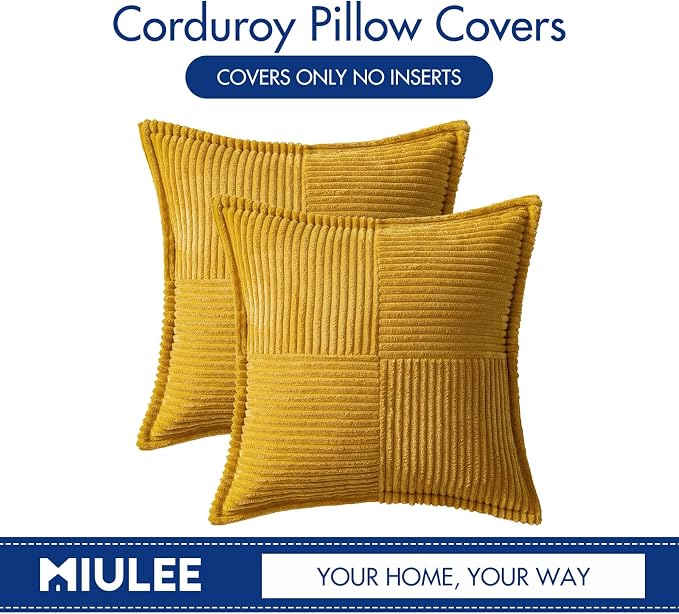 MIULEE Decorative Throw Pillow Covers for Couch 20x20 Inch Mustard Yellow | Boho Broadside Striped Patchwork Pillow Covers, Soft Corduroy Cushion Cases, For Sofa Bed Livingroom Home Decor