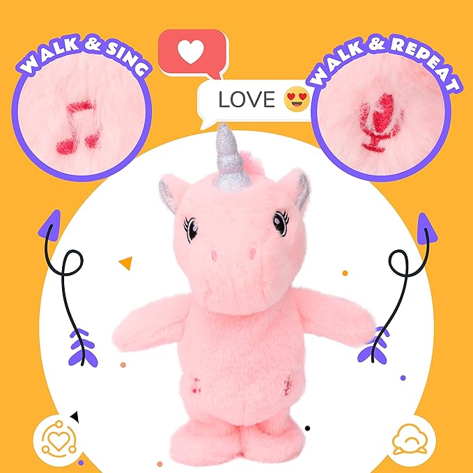 Easfan Talking Unicorn Repeats What You Say Walking Singing Stuffed Animal Electric Interactive Plush Toy Funny Animated Toy Mimicking Speaking Birthday for Kids Toddlers Pink,10''