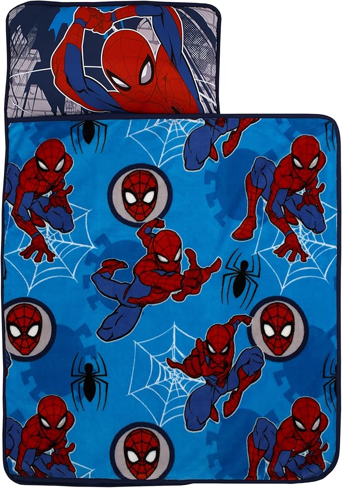 Disney Marvel Spiderman Wall Crawler Red, White, and Blue Spider Webs Preschool Toddler Nap Mat