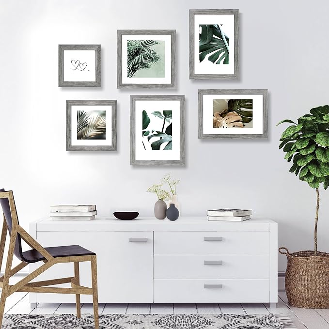 Hongkee 6x6 Picture Frame Set of 4, Made of Glass and Grey Wooden Frame - Display Picture 4x4 with Mat or 6 x 6 Without Mat, 6x6 Photo for Wall or Tabletop