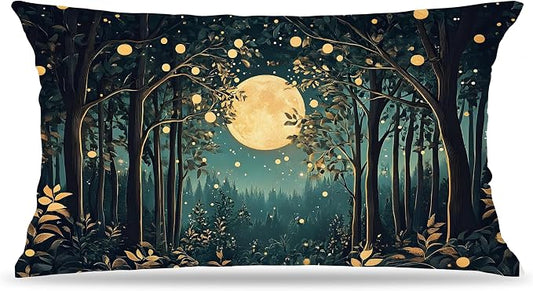 Rustic William Morris Inspired Night Moon Forest Decor Pillow Covers 18x18,Vintage Botanical Nature Landscape Decorative Throw Pillow Covers for Home Bedroom Living Room
