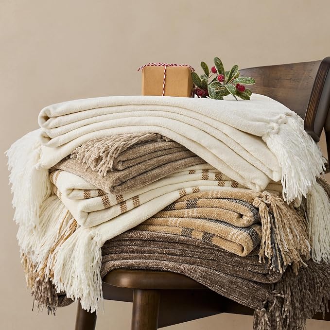 Chenille Knit Throw Blanket for Couch, 60"x80", Mocha Brown | Cozy Plush Fuzzy Knittd Throw with Tassels, Lightweight, Decorative, Farmhouse Decor, Ideal for Bed Sofa Gift, All Seasons