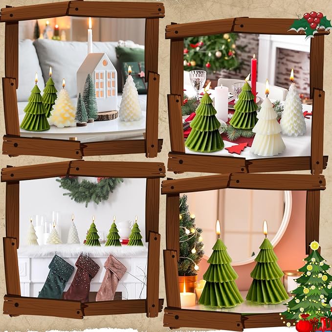 Conelist 6 Pcs Christmas Tree Candles Christmas Tree Shaped Taper Candles Decorative Xmas Wax Scented Candlesticks for Xmas Eve Winter Holiday Home Table Decoration Gift(White,Green,Classic Style)