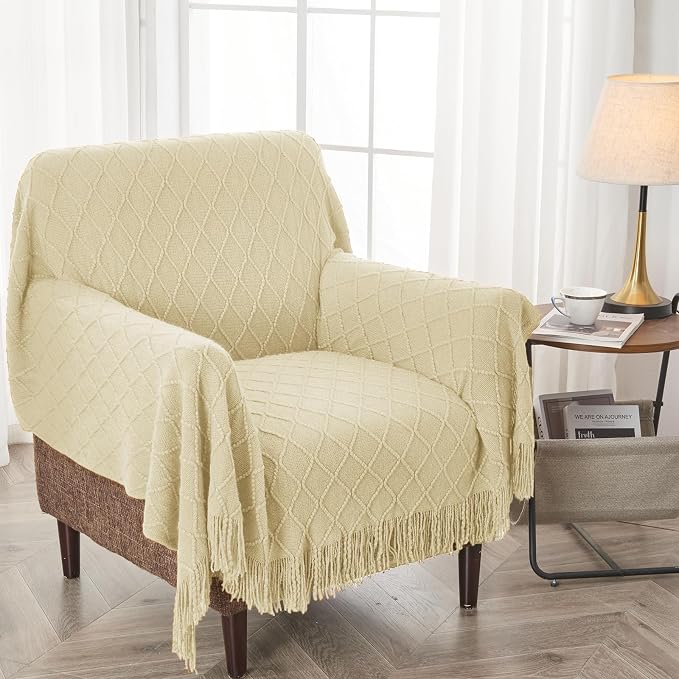 inhand Cloud Cream Knitted Throw Blanket for Couch and Bed, 50"x60" | Soft Living Room Home Decor Knitted Blanket with Tassel, Outdoor Lightweight Breathable , Farmhouse Warm Woven Decorative