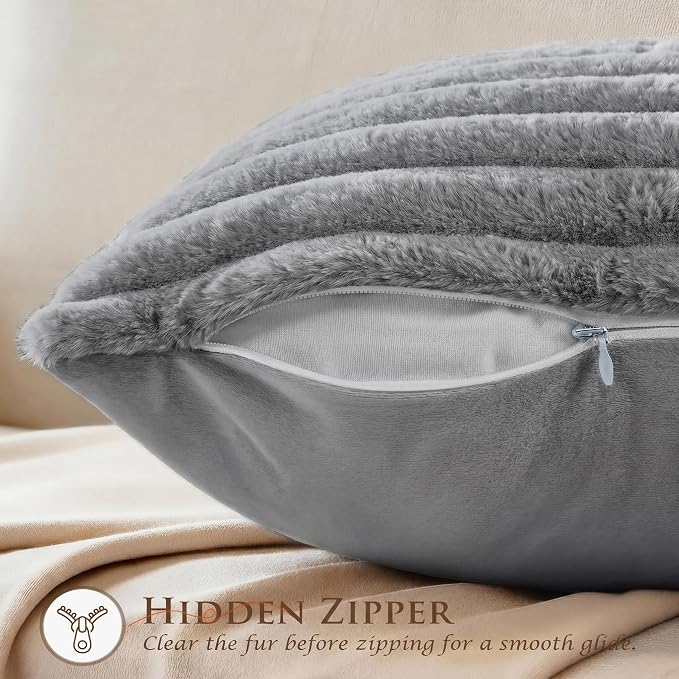 Pack of 2 Throw Pillow Covers 18x18 Decorative Solid Plush Faux Fur with Soft Velvet Back, Square Striped Cushion Cases Modern Farmhouse Home Decor for Living Room Couch Sofa Bed Dark Gray