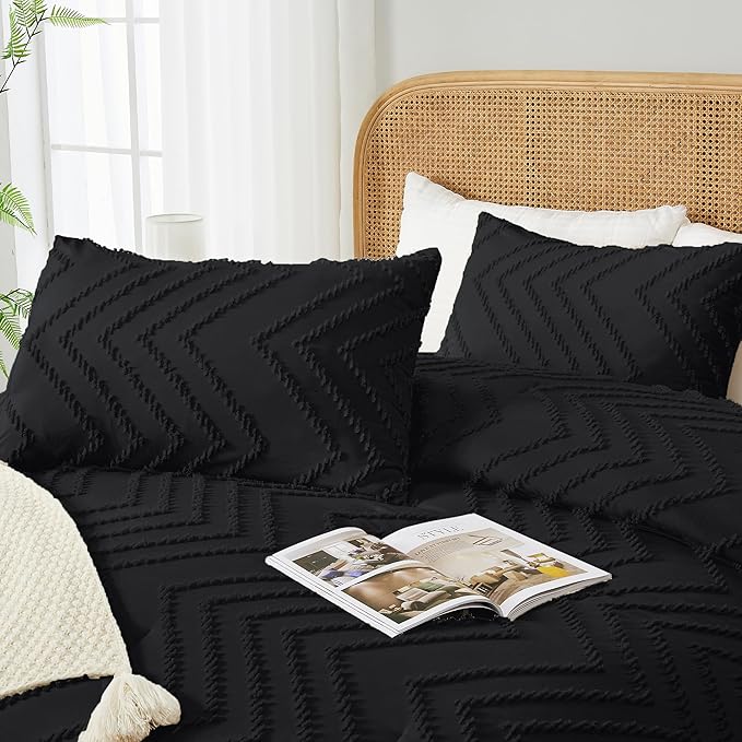 Andency Black California King Comforter Set, Boho Cal King Soft Warm Tufted Neutral Bedding Comforter Sets, 3 Pieces Cali King Aesthetic Chevron Farmhouse Cute Bohemian Textured Bedding Set