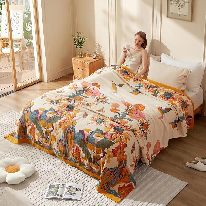 LUTBM King Throw Blanket for Bed -100% Cotton Soft Boho Summer Blankets | 90"x108" Reversible Floral Butterfly Bedspread, All-Season, For Chair Sofa Couch Bedroom Decor, Lightweight Breathable Quilt