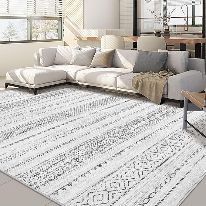 Nakagishi Boho 10x12 Area Rug Living Room Rugs Machine Washable Gray | Soft, Pet & Kid Friendly, Carpet for Living Room/Bedroom/Office/Kitchen/Nursery, Daily Home Decor Stain Resistant Moroccan