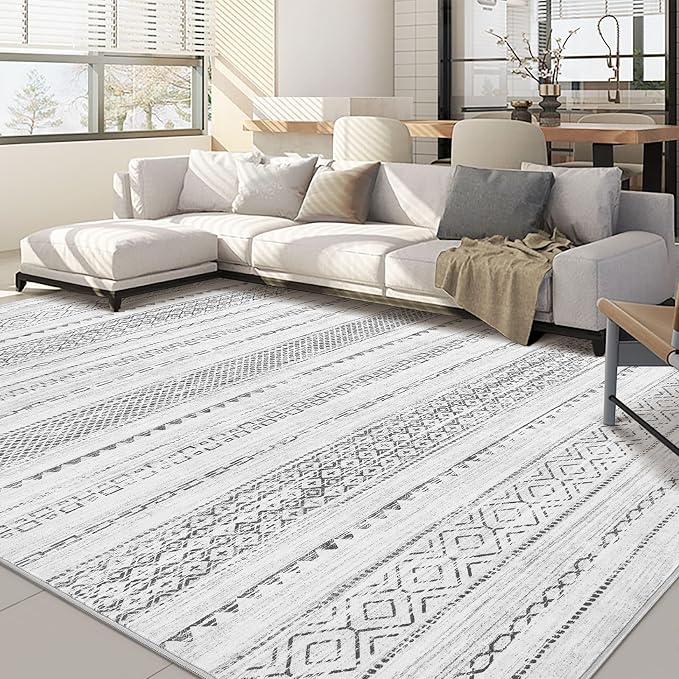 Nakagishi Boho 6x9 Area Rug Living Room Rugs Machine Washable Gray | Soft, Pet & Kid Friendly, Carpet for Living Room/Bedroom/Office/Kitchen/Nursery, Daily Home Decor Stain Resistant Moroccan