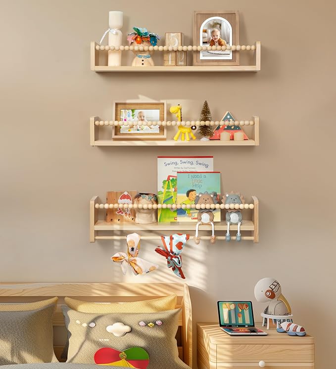 Maxpeuvon Wood Nursery Floating Shelves Cloud Shape Set of 2 | Natural Wood Nursery Shelves with Towel Bar, Wall Storage for Books, Toys and Decor, for Kids Room, Bedroom, Living Room