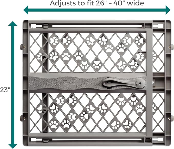 MYPET Paws Portable Pet Gate: 26-40" Wide Expandable, Pressure Mounted No Tools Needed, Durable Dog Gate for Doorways, Made in USA, 23" Tall, Fieldstone Gray