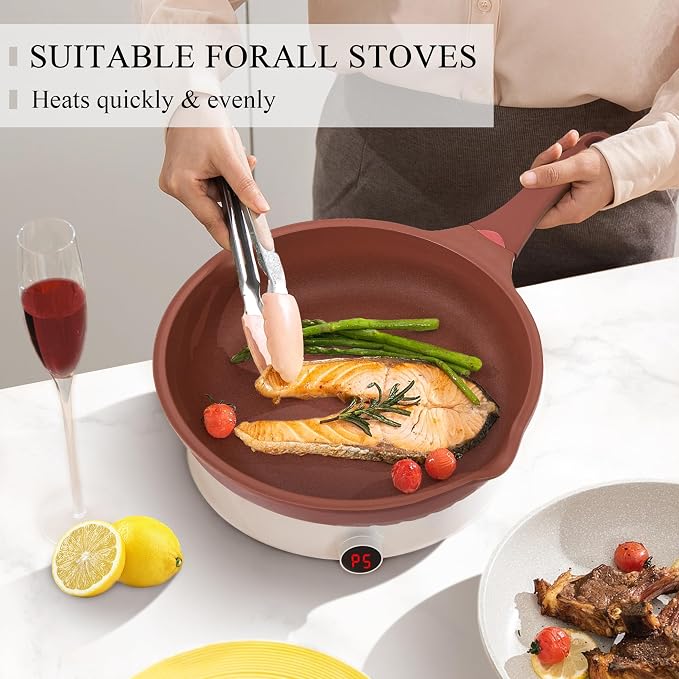 Vinchef 12" Terracotta Nonstick Ceramic Red Frying Pan, 5.5Qt | Red/terracotta German 3C+ toxin-free ceramic PFOA-free. Induction/gas compatible. Heat indicator handle. Lightweight die-cast
