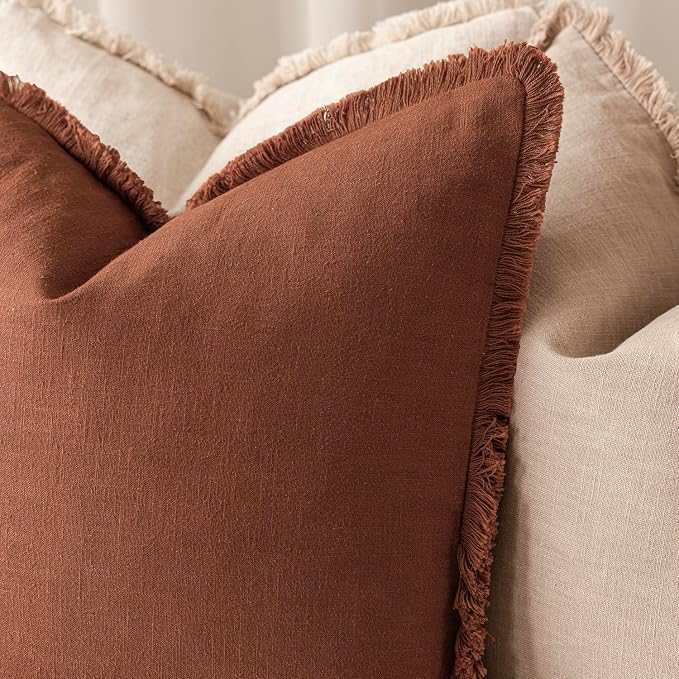 Foindtower Set of 2 Decorative Linen Fringe Lumbar Throw Pillow Covers Farmhouse Cushion Cover with Tassels Accent Pillowcase for Couch Sofa Bed Living Room Home Decor,12×20 Inch,Autumn Rust Orange