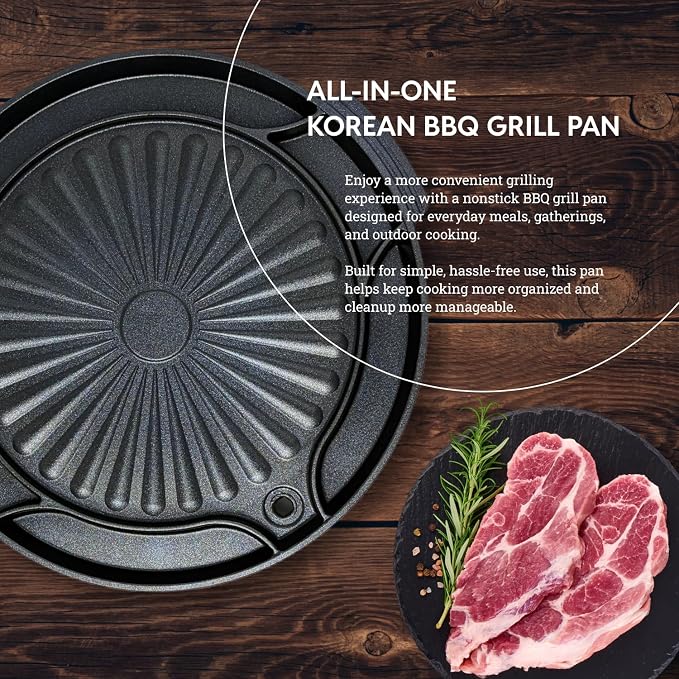Master Grill Pan for Korean BBQ, 15", Stovetop Nonstick Smokeless Scratch-Resistant, Oil Draining Hole, Safety Hand Grip, For Grilling Vegetable Egg Meat Garlic Cheese Kimchi Made in Korea