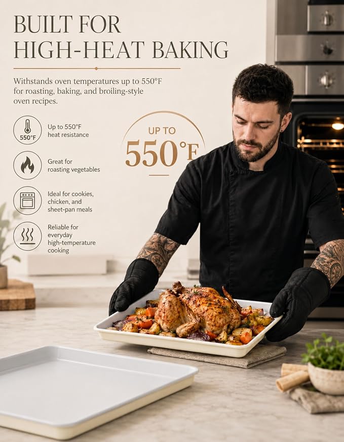 Boxiki Kitchen Ceramic Baking Sheet Half Size 17"x11" - Heavy Duty 0.6mm Aluminized Steel Pan, KFCC Ceramic Nonstick Cookie Sheet, Oven Safe to 550°F, Rustproof & Warp Resistant Baking Tray (2PCS)