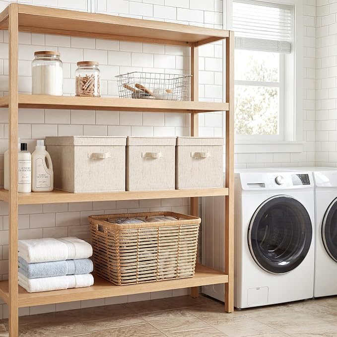 StorageWorks Fabric Storage Bins with Lids, Closet Storage Bins | Lidded Dust-proof, Easy Pull Handles, Foldable, Stackable, Ideal for Clothes Blanket Towel, Jumbo, Rustic Linen, 3-Pack