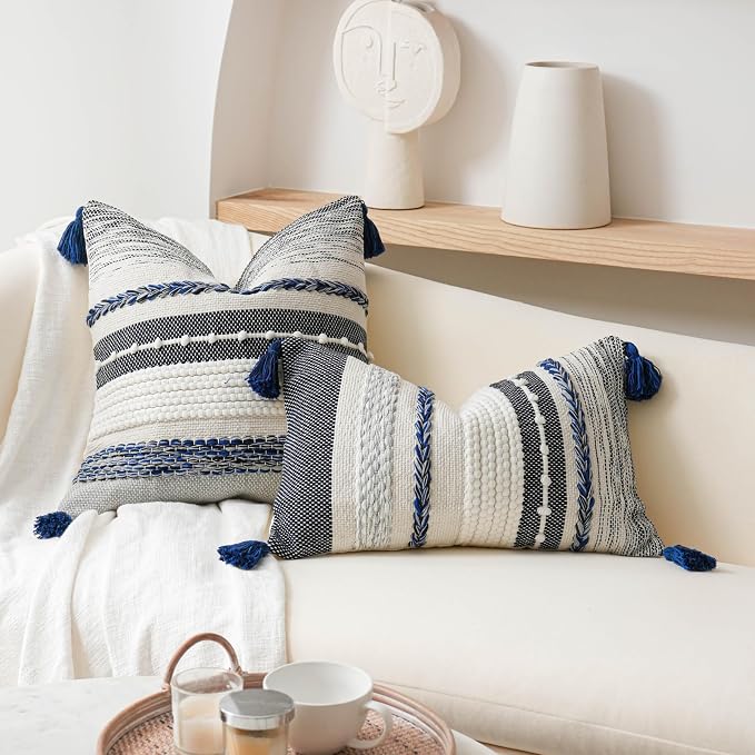 Navy Dark Blue Boho Throw Pillow Cover 22x22 Grey Decorative Accent Pillow for Couch Square Woven Textured Pillowcase Modern Boho Pillow for Bed, Bohemian Pillow Cover (Pack of 1)