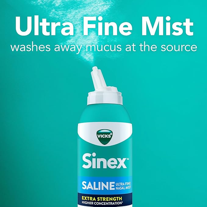 VICKS Sinex Saline Extra Strength Nasal Spray, 3X Concentrated* Drug Free Ultra Fine Mist, Instantly Clears Mucus, Ultra Concentrated to Clear Congestion Fast, Safe For Daily Use, 5 OZ x 2