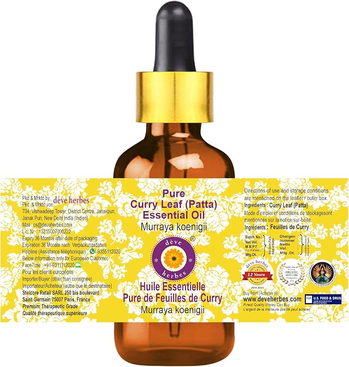 Deve Herbes Pure Curry Leaf (Patta) Essential Oil (Murraya koenigii) with Glass Dropper Steam Distilled 15ml (0.50 oz)