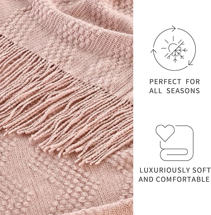 BOURINA Pink Throw Blanket 50x60 Inches Throw Textured Solid Soft Ripple Throws and Blankets for Sofa or Bed Knitted Decorative Throw