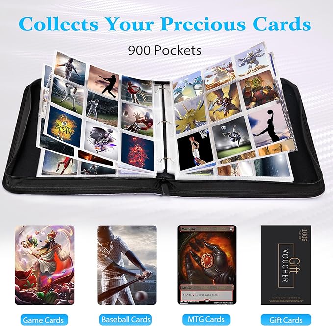 WOT I Trading Card Binder, 900 Pockets Baseball Card Binder Sleeves with Zipper, Double Sided Pockets Card Holder Carry Card Case for Baseball Card, Football Card(Silvery White), WO-CB-9-10