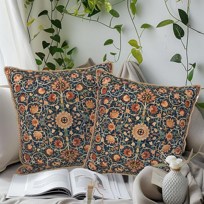 Vintage Floral Soft Velvet Throw Pillow Covers Set of 2 Burnt Orange Navy Flowers Plant Decorative Pillow Covers 18x18 Inch Art Botanical Pillow Case For Sofa Couch Outdoor Farmhouse Home Decor