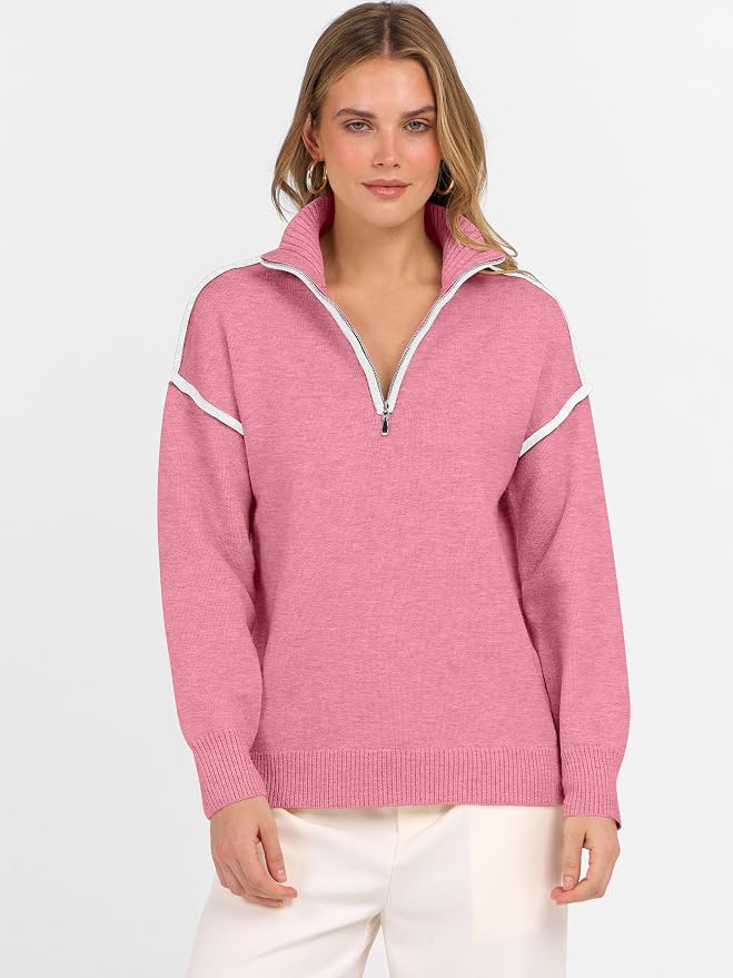 ANRABESS Womens Quarter Zip Sweaters Fall Long Sleeve V Neck Shirts Collared Business Casual Tops Knit Pullover Sweatshirts