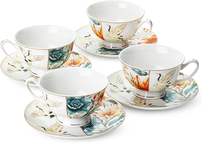 BTaT- Floral Tea Cups and Saucers Set of 4 (8 oz), Porcelain Tea Cup Sets with Gold Trim, Dishwasher & Freezer Safe