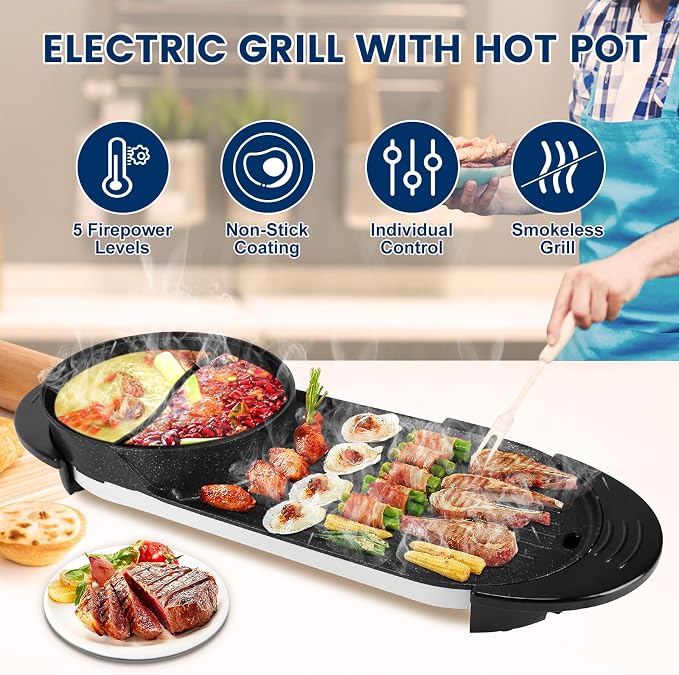 Electric Hot Pot with Grill, 2200W Shabu Shabu Korean BBQ Grill Cooker, 2-IN-1 Indoor Smokeless Non-Stick Hotpot, Separate Temperature Control, 5 Gears Firepower, for 2-10 People