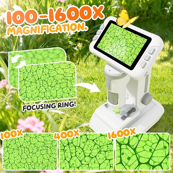 1600X Microscope for Kids, 4K 4.0" Digital Screen Kids Microscopes with Slides Kit, Educational Science Toys for Christmas Birthday Gifts for 3-14 Year Old Children Students