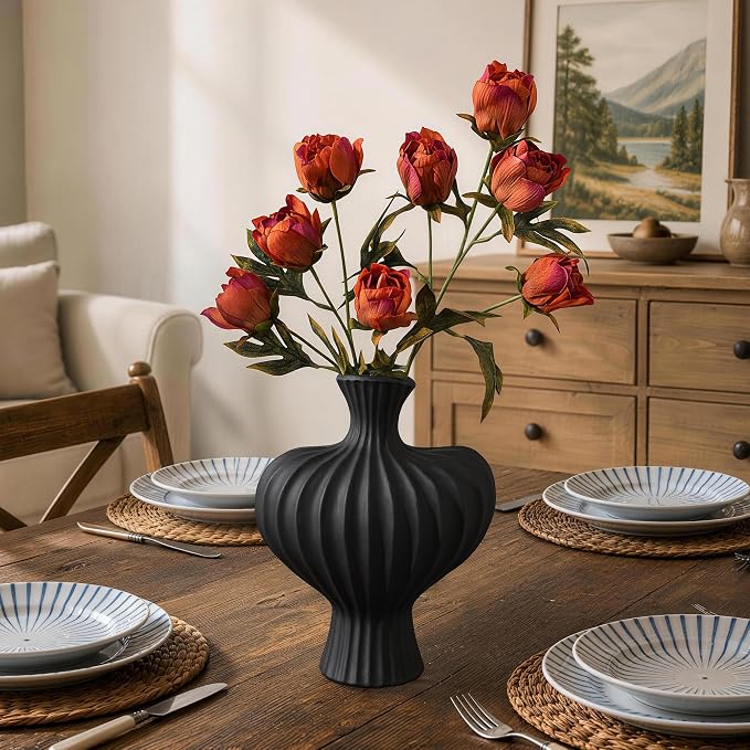 Ceramic Flower Vase Home Decor, 11 in Farmhouse Table Vases Rustic Vintage Living Room Kitchen Bedroom Decorations Pottery Decorative Vases for Flowers House Shelf Coffee Desk Dining Fireplace, Black